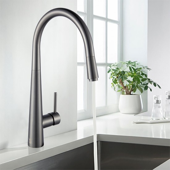 Euro Round Gunmetal Grey 360° Swivel Pull Out Kitchen Sink Mixer Tap Solid Brass