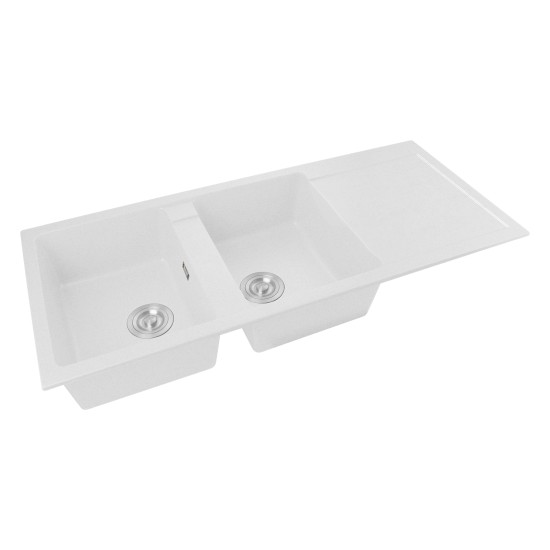 1160*500*200mm White Granite Quartz Stone Kitchen Sink Double Bowls with Drainboard Top/Undermount With Overflow Durability Scratch Resistant Heat-Resistant Anti-Bacterial Easy To Clean