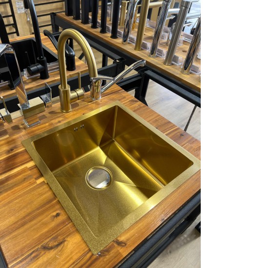 440x440x205mm 1.2mm Brushed Yellow Gold Stainless Steel Handmade Single Bowl Top/Undermounted Kitchen/Laundry Sinks With Overflow Corrosion Resistant Oilproof Easy To Clean