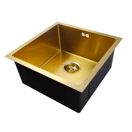 440x440x205mm 1.2mm Brushed Yellow Gold Stainless Steel Handmade Single Bowl Top/Undermounted Kitchen/Laundry Sinks With Overflow Corrosion Resistant Oilproof Easy To Clean