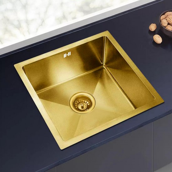 440x440x205mm 1.2mm Brushed Yellow Gold Stainless Steel Handmade Single Bowl Top/Undermounted Kitchen/Laundry Sinks With Overflow Corrosion Resistant Oilproof Easy To Clean