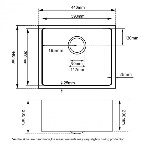 440x440x205mm Dark Grey Stainless Steel Handmade Single Bowl Top/Undermounted Kitchen/Laundry Sinks With Overflow