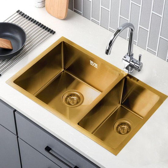 710x450x205mm 1.2mm Brushed Yellow Gold Stainless Steel Handmade Double Bowls Top/Undermounted Kitchen Sinks  With Overflow Corrosion Resistant Oilproof Easy To Clean Nano-antibacterial