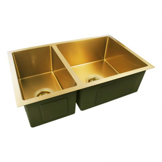 710x450x205mm 1.2mm Brushed Yellow Gold Stainless Steel Handmade Double Bowls Top/Undermounted Kitchen Sinks  With Overflow Corrosion Resistant Oilproof Easy To Clean Nano-antibacterial