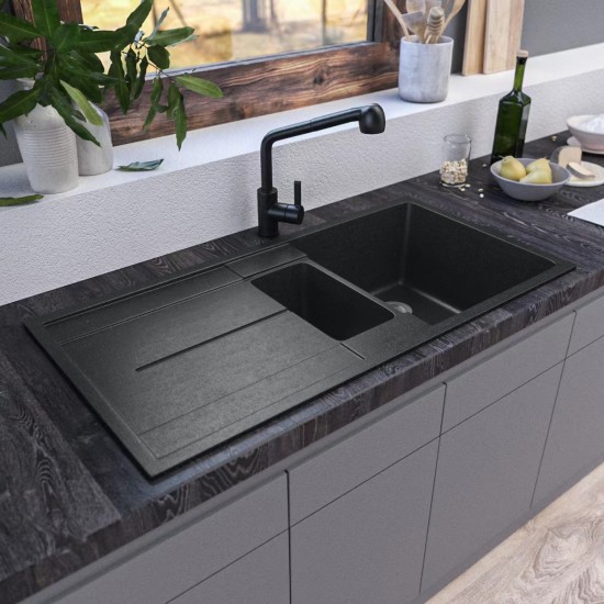 1000x500x210mm Black Granite Stone Kitchen Sink Double Bowls With Drainboard