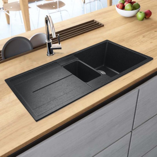 1000x500x210mm Black Granite Stone Kitchen Sink Double Bowls With Drainboard