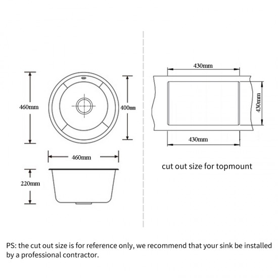 460x220mm Black Granite Quartz Stone Kitchen/Laundry Sink Round Single Bowl with Overflow Top/Under Mount