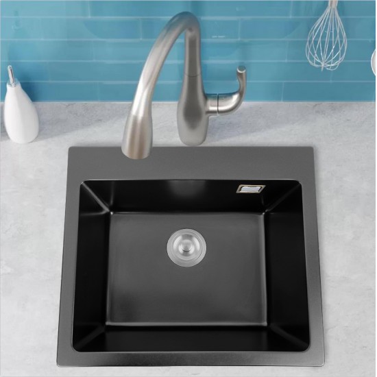 550x490x200mm Black Single Bowl Granite Quartz Stone Kitchen Sink with Overflow Top/Flush/Under Mount