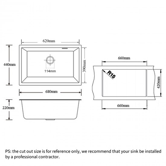 680x440x220mm Black Single Bowl Granite Quartz Stone Kitchen/Laundry Sink with Overflow Top/Under Mount