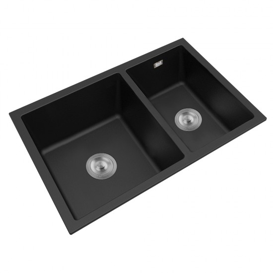 710x450x205mm Black Granite Quartz Stone Kitchen Sink Double Bowls Top/Undermount with Overflow