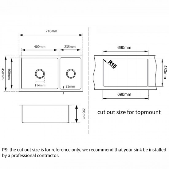 710x450x205mm Black Granite Quartz Stone Kitchen Sink Double Bowls Top/Undermount with Overflow