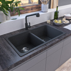 MACHO 838x476x241mm Black Granite Stone Kitchen Laundry Sink Double Bo..