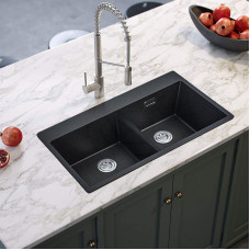 MACHO 835x490x200mm Black Granite Quartz Stone Kitchen Sink Double Bow..