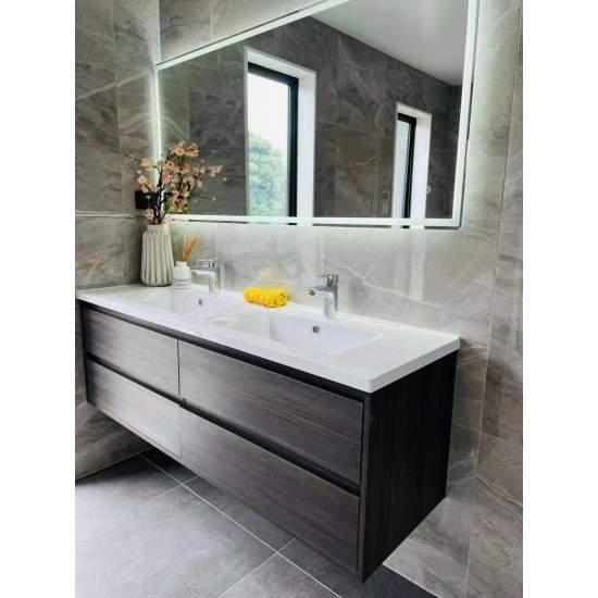 ROYAL GREY OAK 1200X460X510MM PLYWOOD WALL HUNG VANITY WITH DOUBLE BASIN POLYMARBLE TOP