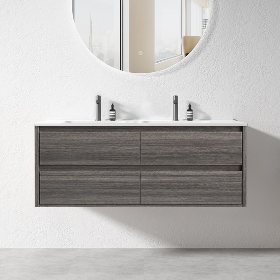 ROYAL GREY OAK 1500X460X510MM PLYWOOD WALL HUNG VANITY WITH DOUBLE BASIN POLYMARBLE TOP