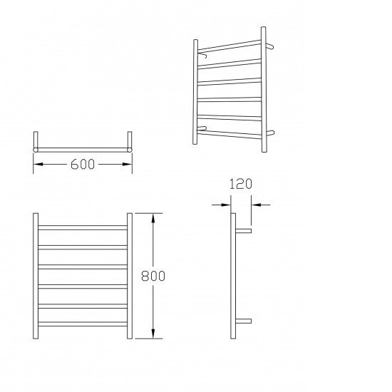 600W x800H x120D 6 Bar Round Heated Towel Rail 