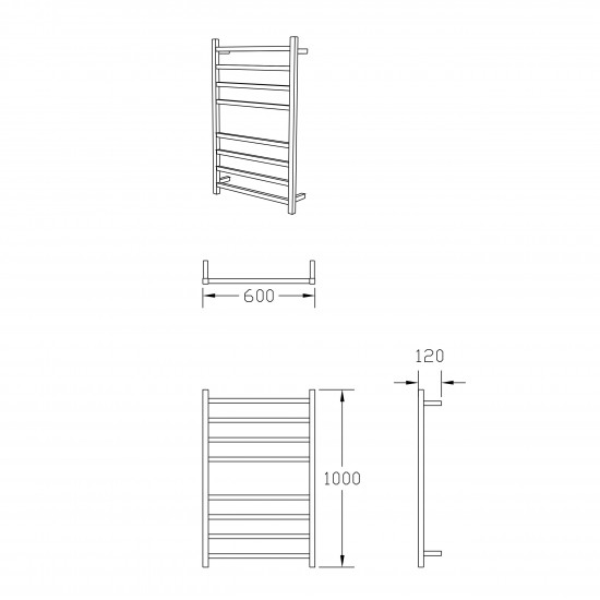 600Wx1000Hx120D  8 Square Bar Black Heated Towel Rail