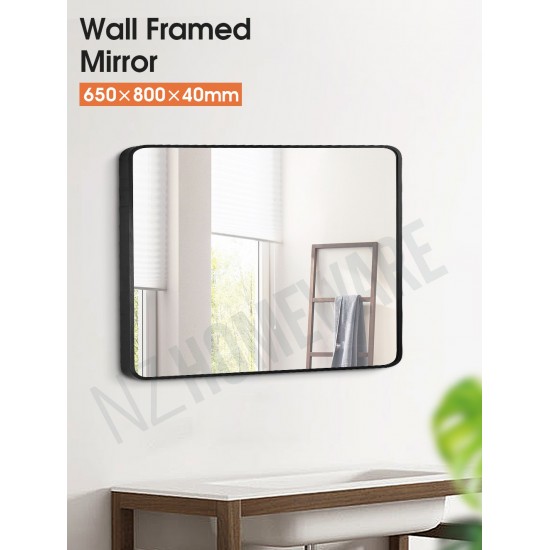 650x800x40mm Black Aluminum Framed Rectangle Bathroom Wall Mirror Rim Round Corner
