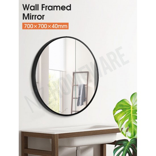 700x700x40mm Black Aluminum Framed Round Bathroom Wall Mirror with Brackets