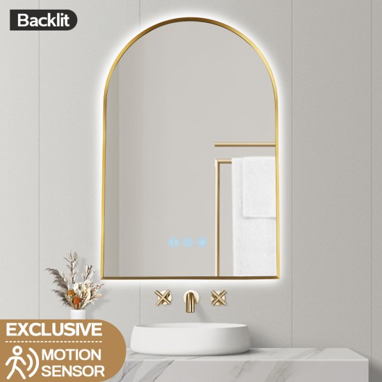 600x900mm Backlit Brushed Yellow Gold Frame Arched LED Wall Mirror Motion Sensor Switch 600x900mm Backlit Brushed Yellow Gold Frame Arched LED Wall Mirror Motion Sensor Switch