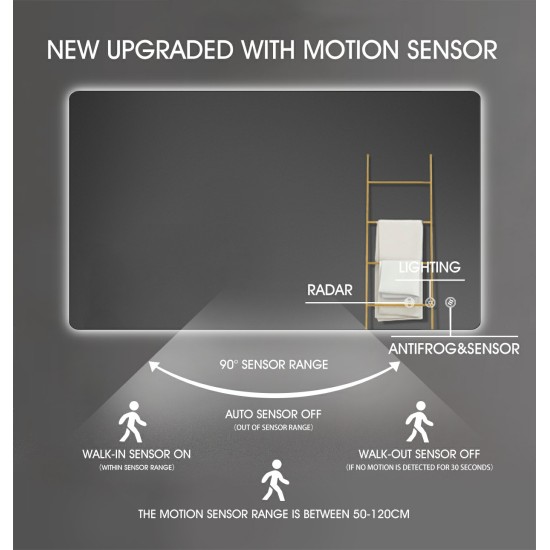 1200x750mm Rectangle LED Mirror with Motion Sensor Demister Backlit Touch Switch 3 Colours Lighting Frameless