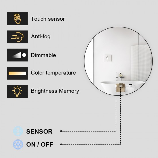 700x700mm Round LED Mirror with Motion Sensor Auto On Demister Backlit Touch Switch 3 Colours Lighting Frameless