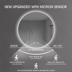 700x700mm Round LED Mirror with Motion Sensor Auto On Demister Backlit Touch Switch 3 Colours Lighting Frameless 700x700mm Round LED Mirror with Motion Sensor Auto On Demister Backlit Touch Switch 3 Colours Lighting Frameless