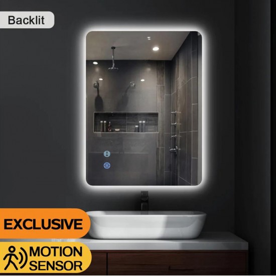 750x600mm Rectangle LED Mirror with Motion Sensor Demister Backlit Touch Switch 3 Colours Lighting Frameless
