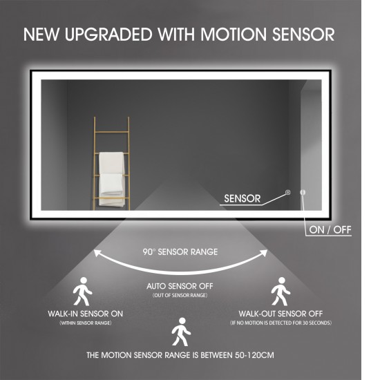 1200x750x40mm Rectangle LED Mirror with Motion Sensor Auto On Demister Touch Sensor Switch Wall Mounted Horizontal