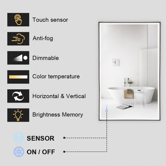 1200x750x40mm Rectangle LED Mirror with Motion Sensor Auto On Demister Touch Sensor Switch Wall Mounted Horizontal or Vertically