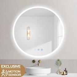 600mm Round LED Wall Mirror with Motion Sensor And Dimister Touch Switch 3 Colours Lighting on 20mm Rim 600mm Round LED Wall Mirror with Motion Sensor And Dimister Touch Switch 3 Colours Lighting on 20mm Rim