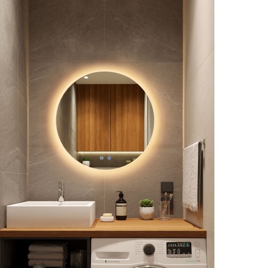 600mm Round LED Wall Mirror with Motion Sensor Auto On Dimister Touch Switch 3 Colours Lighting on 20mm Rim