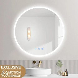 700mm Round LED Wall Mirror with Motion Sensor Dimister Touch Switch 3 Colours Lighting on 20mm Rim