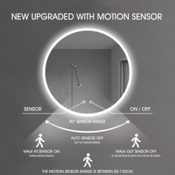 700mm Round LED Wall Mirror with Motion Sensor Auto On Dimister Touch Switch 3 Colours Lighting on 20mm Rim 700mm Round LED Wall Mirror with Motion Sensor Auto On Dimister Touch Switch 3 Colours Lighting on 20mm Rim