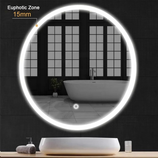 700mm Round LED Wall Mirror with Dimister Touch Switch 3 Colours Lighting on 20mm Rim