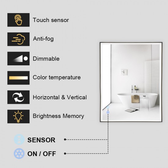 750x600x40mm Rectangle LED Mirror with Motion Sensor Auto On Demister Touch Sensor Switch Wall Mounted Horizontal or Vertically