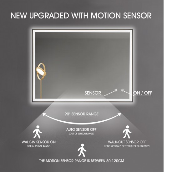 900x750x40mm Rectangle LED Mirror with Motion Sensor Auto On Demister Touch Sensor Switch Wall Mounted Horizontal or Vertically