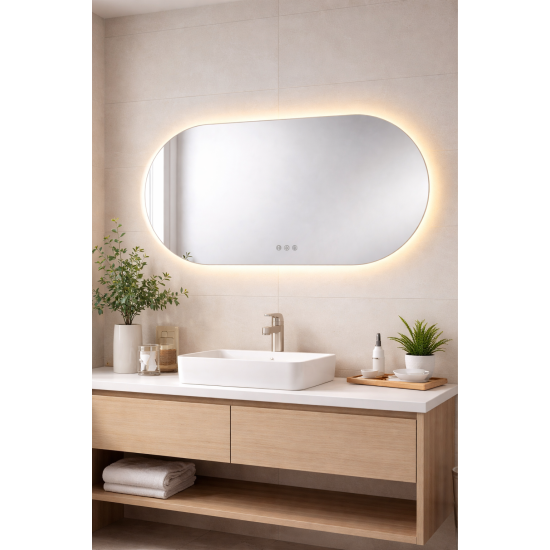 1200x600mm Backlit Led Mirror Oblong Racetrack Motion Sensor Demister Touch Sensor Switch