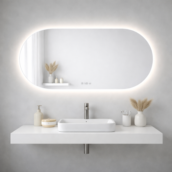 1200x600mm Backlit Led Mirror Oblong Racetrack Motion Sensor Demister Touch Sensor Switch