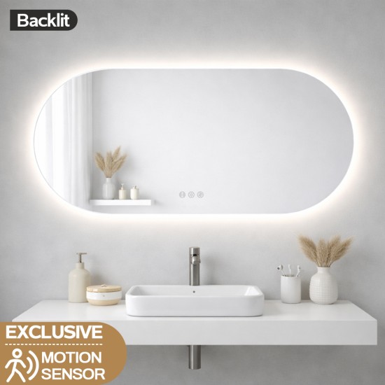 1200x600mm Backlit Led Mirror Oblong Racetrack Motion Sensor Demister Touch Sensor Switch