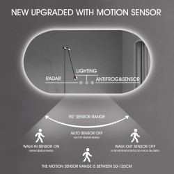 1500x750mm Backlit Led Mirror Oblong Racetrack Motion Sensor Demister Touch Sensor Switch