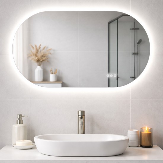 600x900mm Backlit Led Mirror Oblong Racetrack Motion Sensor Demister Touch Sensor Switch