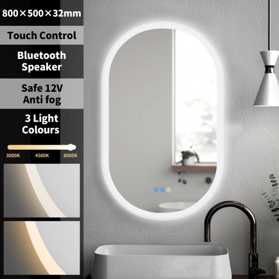 500x800mm Led Mirror Oblong Racetrack LED Wall Mirror with Bluetooth Speaker Dimister Touch Switch 3 Colours Lighting