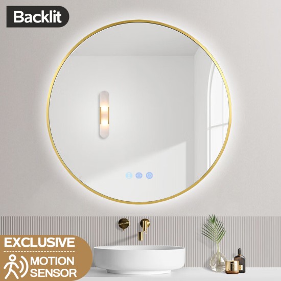 700mm Backlit Yellow Gold Frame Round LED Mirror with Motion Sensor Switch 700mm Backlit Yellow Gold Frame Round LED Mirror with Motion Sensor Switch