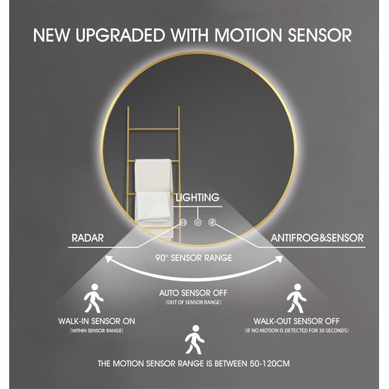 700mm Backlit Yellow Gold Frame Round LED Mirror with Motion Sensor Switch 700mm Backlit Yellow Gold Frame Round LED Mirror with Motion Sensor Switch