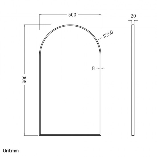 500x900x20mm Black Aluminum Framed Arched Bathroom Wall Mirror with Brackets