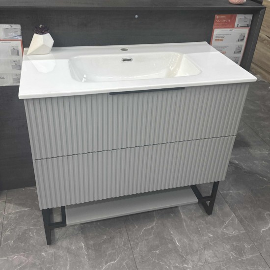 3D-2W 900x450x850mm Grey Floor Standing Plywood Vanity with Stainless Black Frame Leg And Shelf