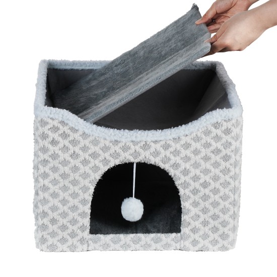 Gray Diamond Pattern Double-Layer Cat House with Scratching Mat Foldable Enclosed Cat Cave Pet Cube House Nest for Indoor Gray Diamond Pattern Double-Layer Cat House with Scratching Mat Foldable Enclosed Cat Cave Pet Cube House Nest for Indoor