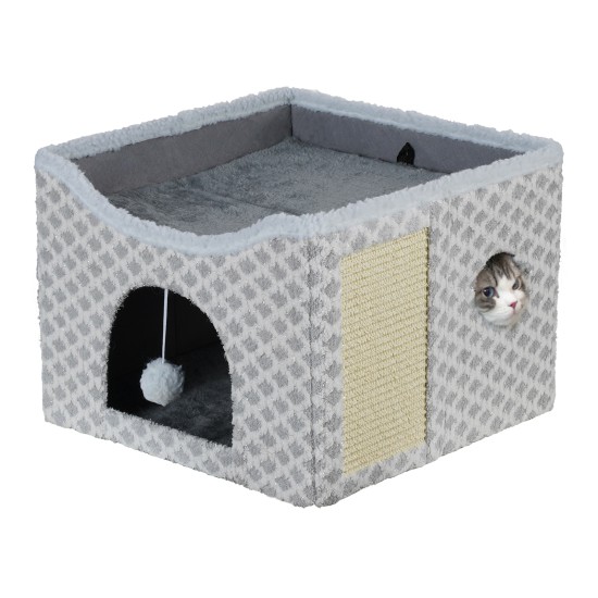 Gray Diamond Pattern Double-Layer Cat House with Scratching Mat Foldable Enclosed Cat Cave Pet Cube House Nest for Indoor Gray Diamond Pattern Double-Layer Cat House with Scratching Mat Foldable Enclosed Cat Cave Pet Cube House Nest for Indoor