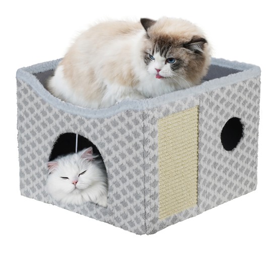 Gray Diamond Pattern Double-Layer Cat House with Scratching Mat Foldable Enclosed Cat Cave Pet Cube House Nest for Indoor Gray Diamond Pattern Double-Layer Cat House with Scratching Mat Foldable Enclosed Cat Cave Pet Cube House Nest for Indoor